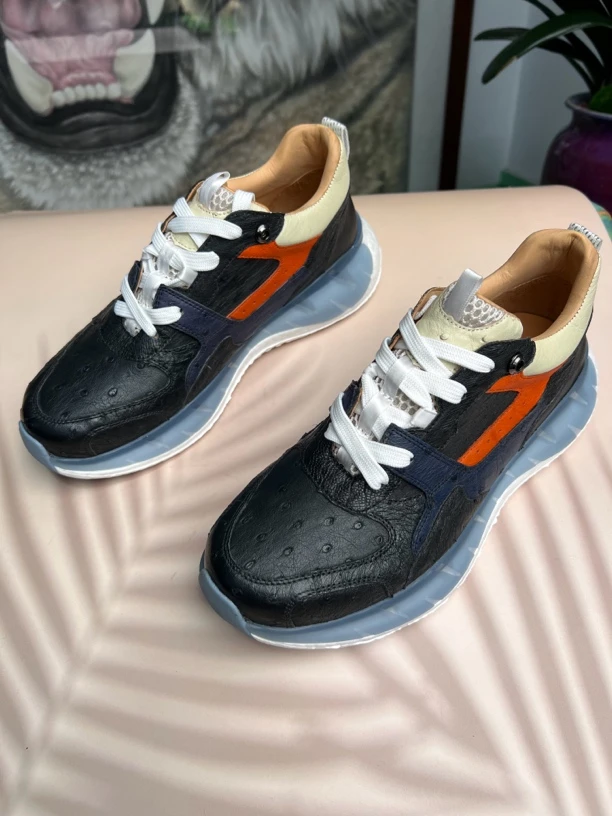 男士鸵鸟皮男鞋舒适运动鞋时尚休闲男鞋厚底低帮夏季男款拼色