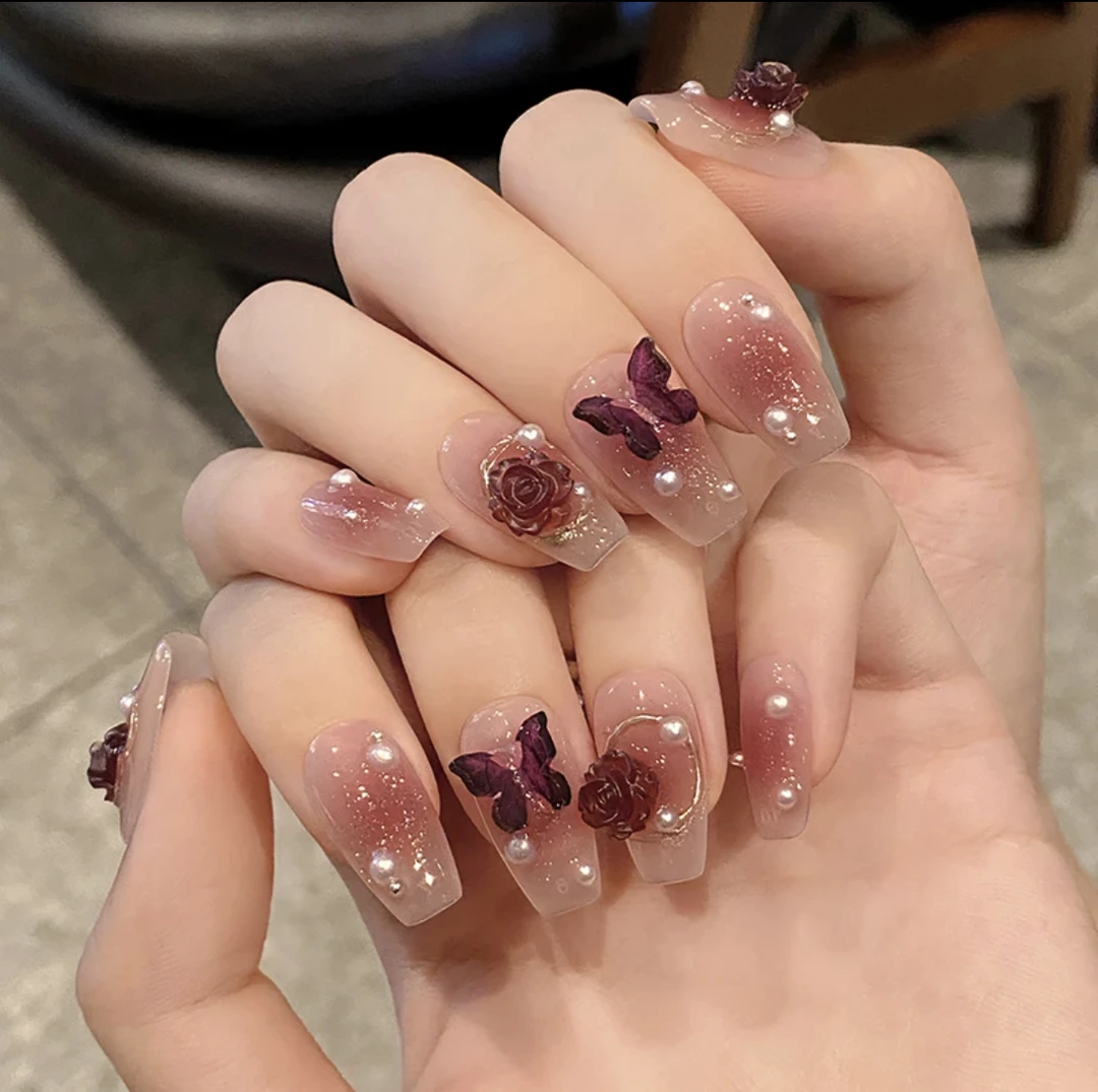 【乌梅子酱】新款纯手工穿戴甲乌梅紫色山茶花穿戴美甲贴中长款显白