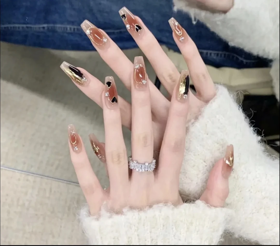 【爱心美拉德】新款手工穿戴甲法式爱心钻穿戴美甲贴中长款气质显白