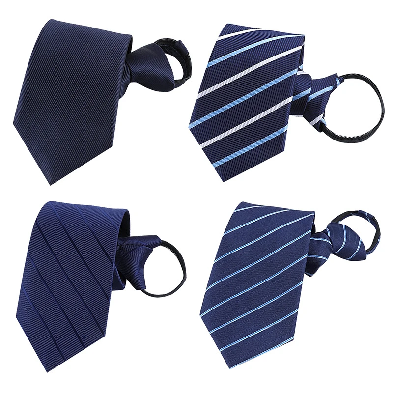 男士正装商务职业结婚新郎韩版窄款懒人蓝色拉链免打手打条纹领带