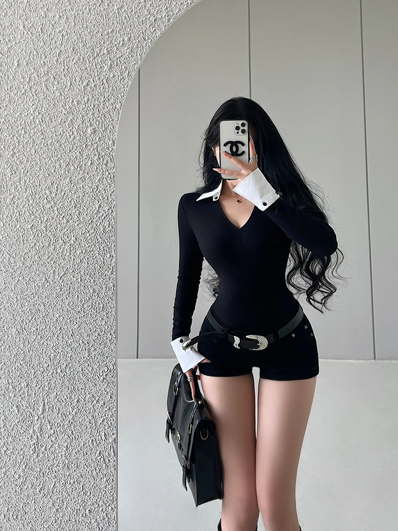 欧美风辣妹性感黑色时尚低腰紧身显瘦弹力牛仔短裤包臀热裤含腰带