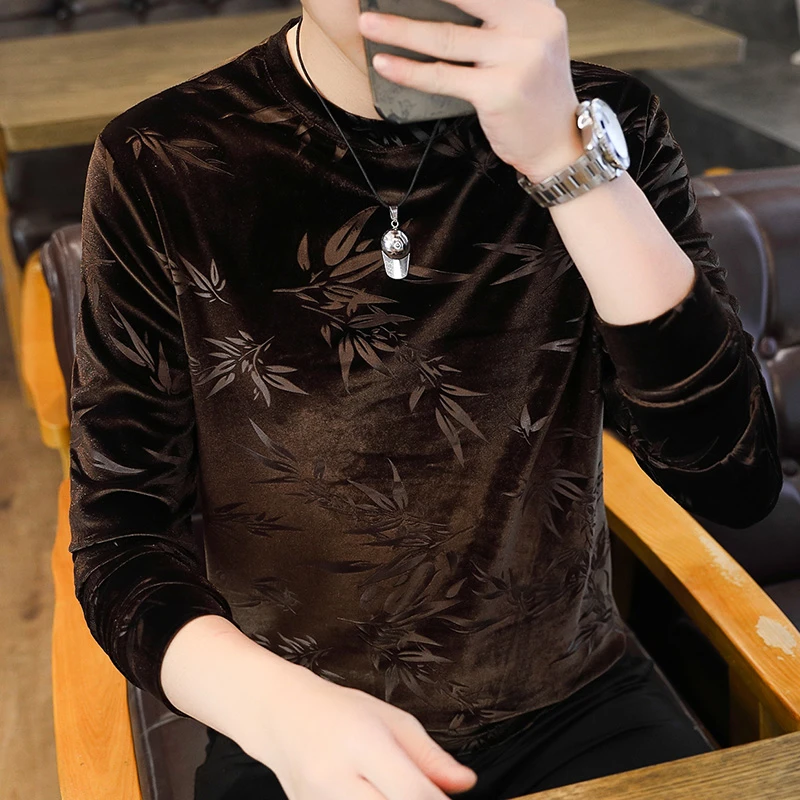 中国风金丝绒竹子提花圆领卫衣男小衫秋冬季时尚上衣百搭长袖T恤