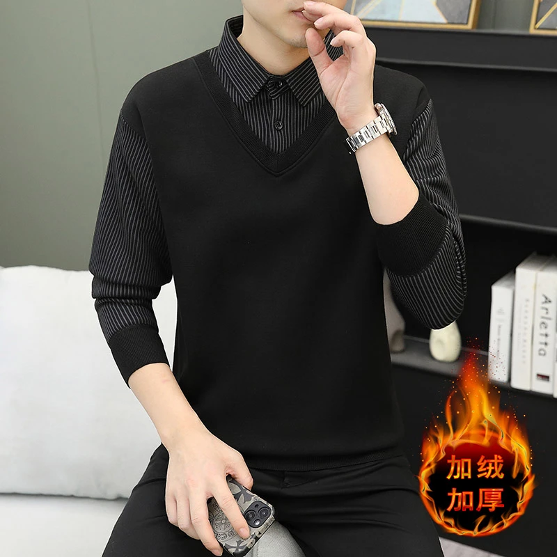假两件毛衣男士新款秋冬季潮流条纹衬衫领打底针织衫冬季加绒加厚