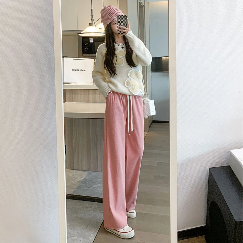 灯芯绒裤子女春秋2024年新款高腰宽松休闲酷白色秋冬雪尼尔阔腿裤