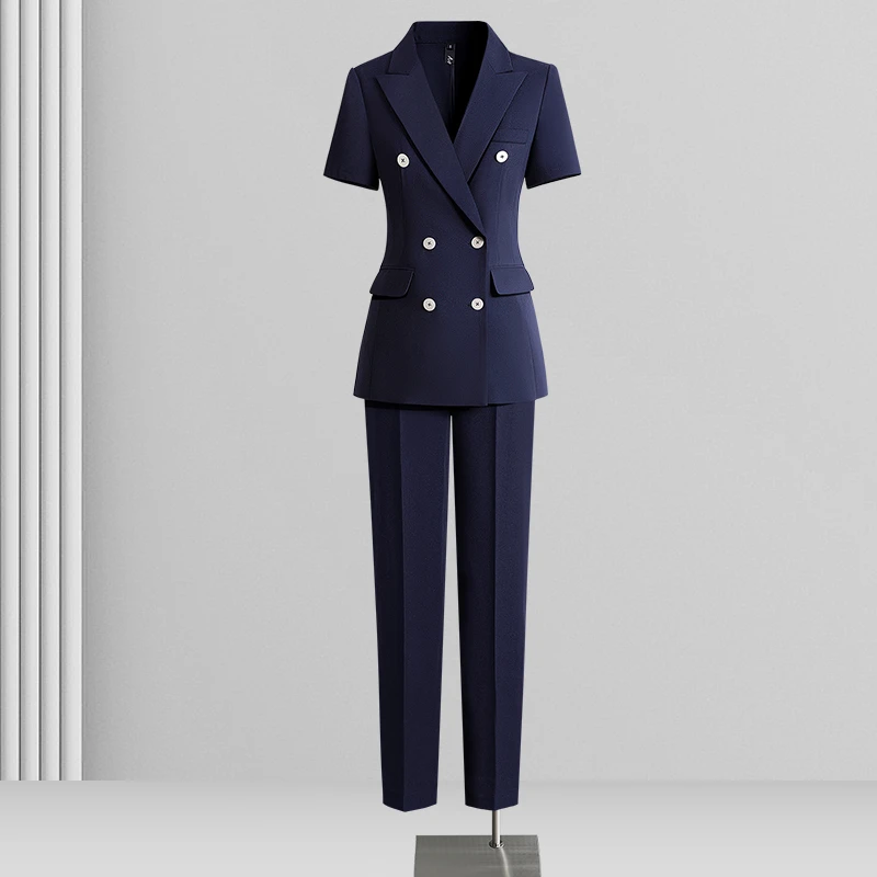 西装套装女夏季薄款短袖双排扣外套时尚气质洋气白领通勤职业正装