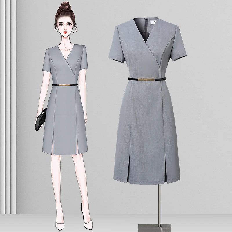职业连衣裙女夏季灰色短袖抖音客服柜姐导购珠宝店西服工作服