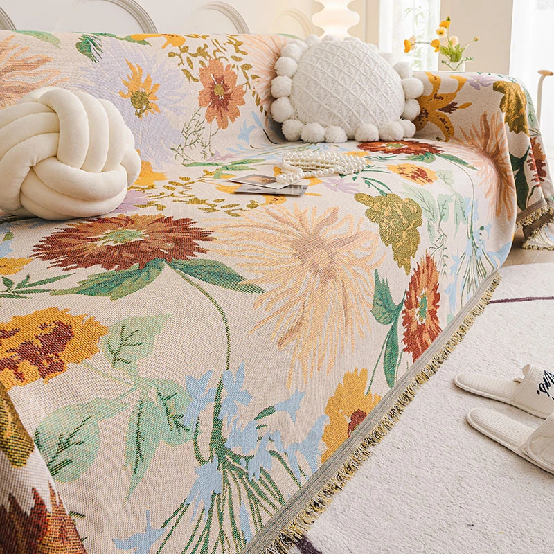 新款仿棉麻加厚油画风复古沙发盖巾防猫抓防尘四季通用沙发垫盖布