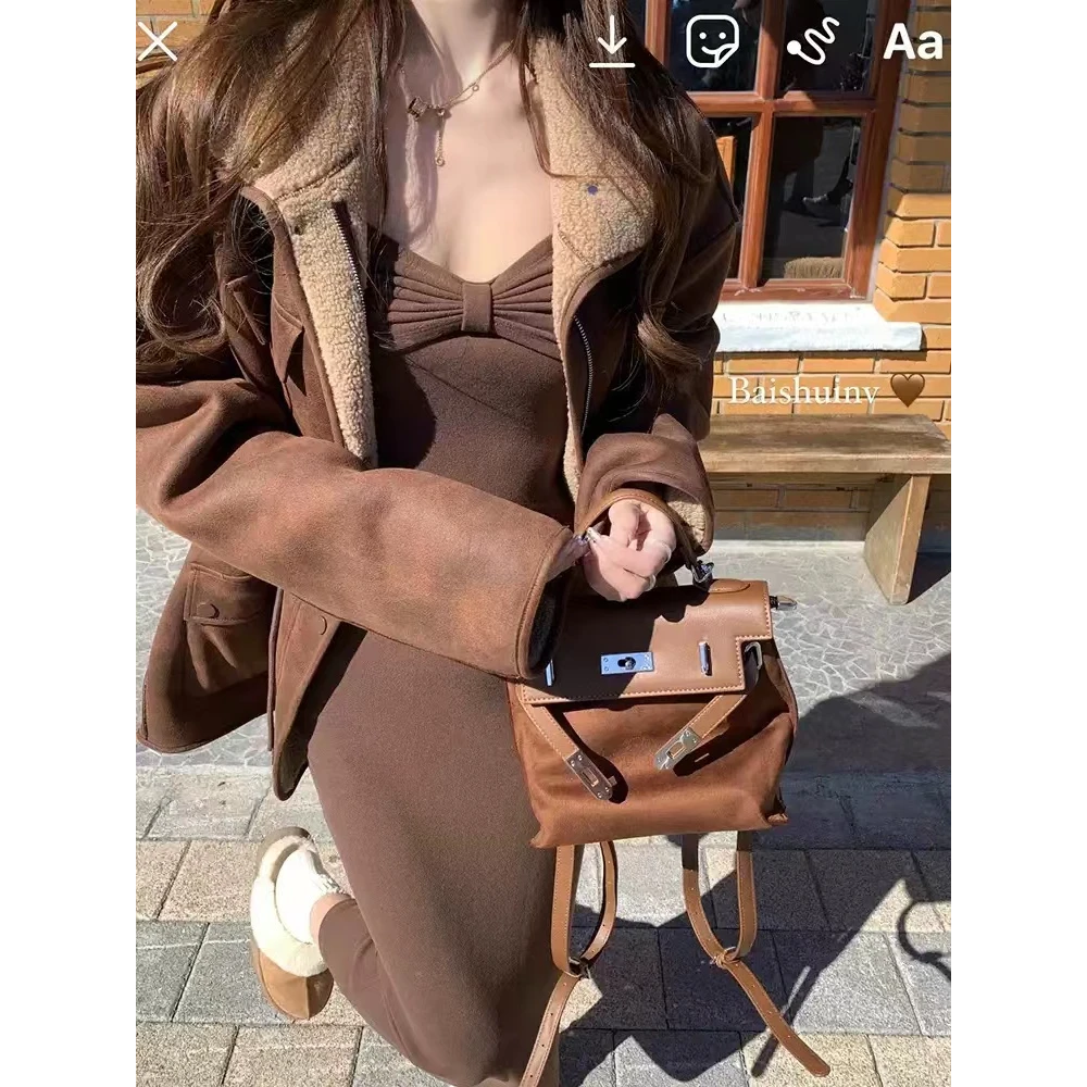 现【冬日恋歌】微胖mm厚款磨毛蝴蝶结连衣裙纯欲辣妹显瘦打底衫