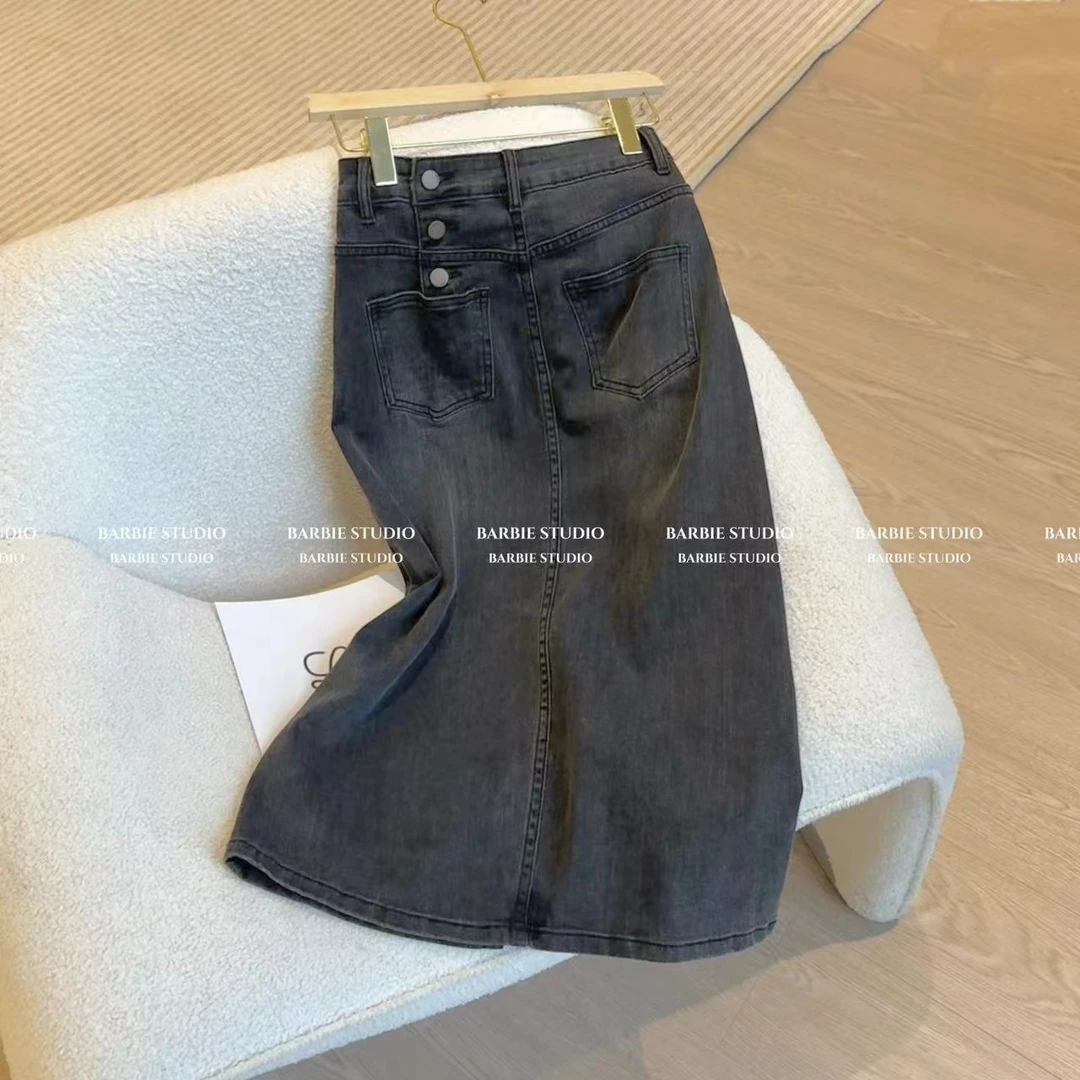 6319时尚春夏季薄荷曼波前叉百搭三粒扣牛仔显瘦中长款半身裙胖mm