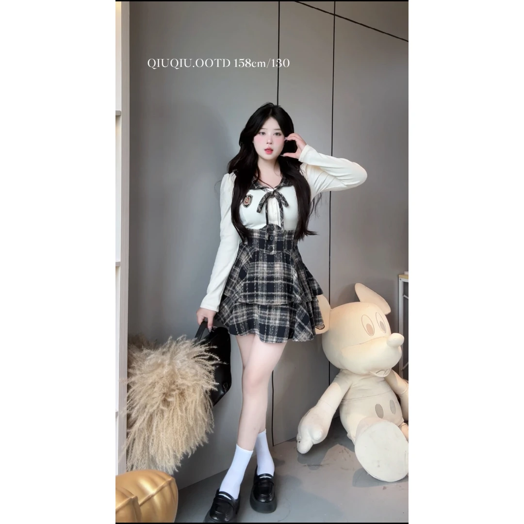 【冬日恋曲】大码学院时尚套装女秋冬拼接衬衫+格纹束腰裙显瘦套装