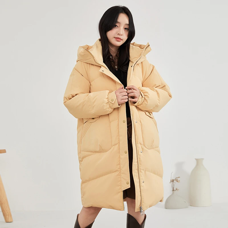 雪中飞女装时尚羽绒服X10149084F连帽中长款外套保暖冬季宽松