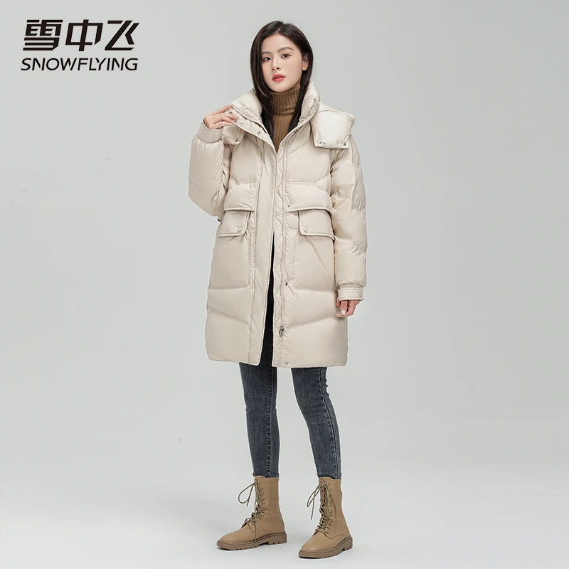 雪中飞2023秋冬新款女士保暖连帽中长款羽绒服外套时尚户外冬季