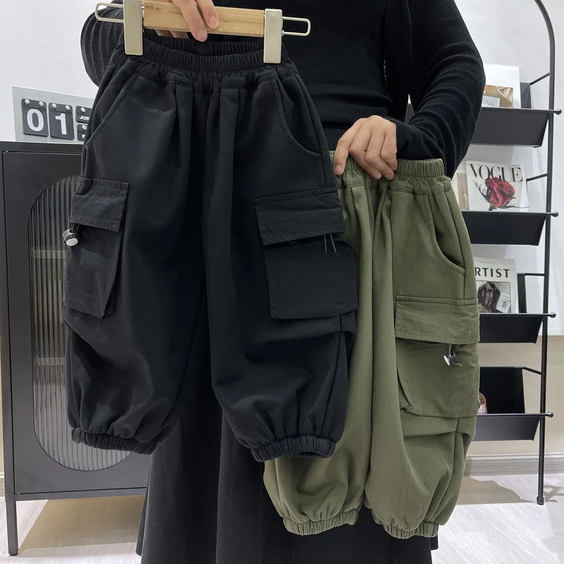 童装儿童加绒裤子冬季加厚一体绒工装裤儿童男童休闲裤宽松女童裤