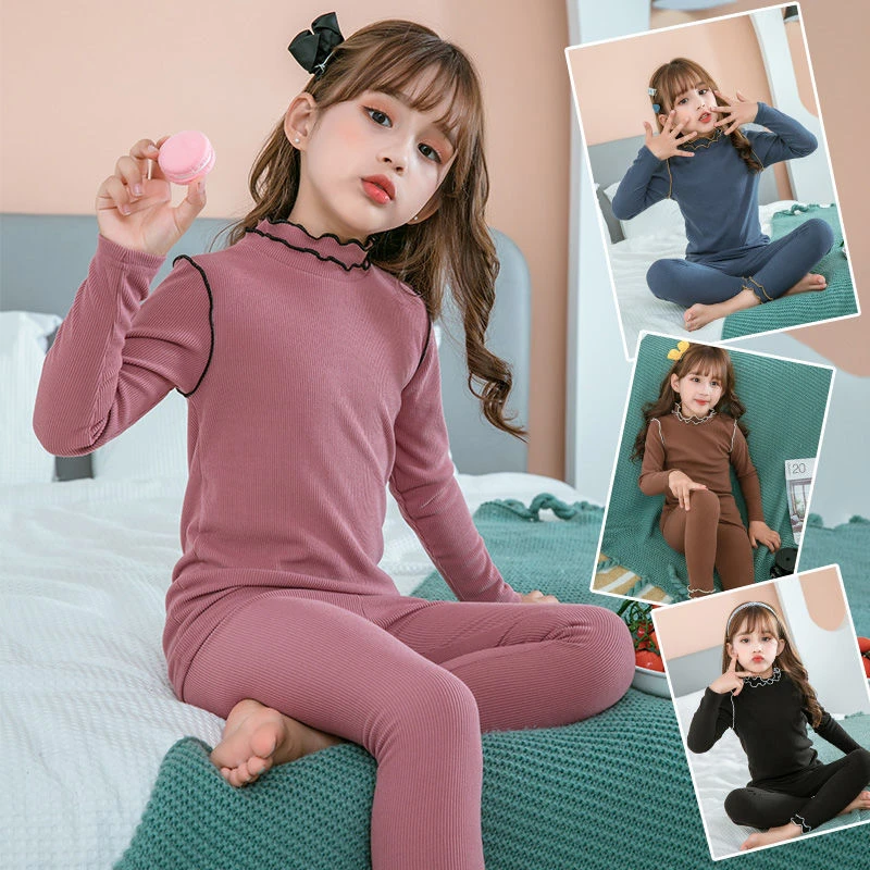 女童内衣套装半高领秋冬款儿童秋衣秋裤女孩木耳边加厚打底棉春秋