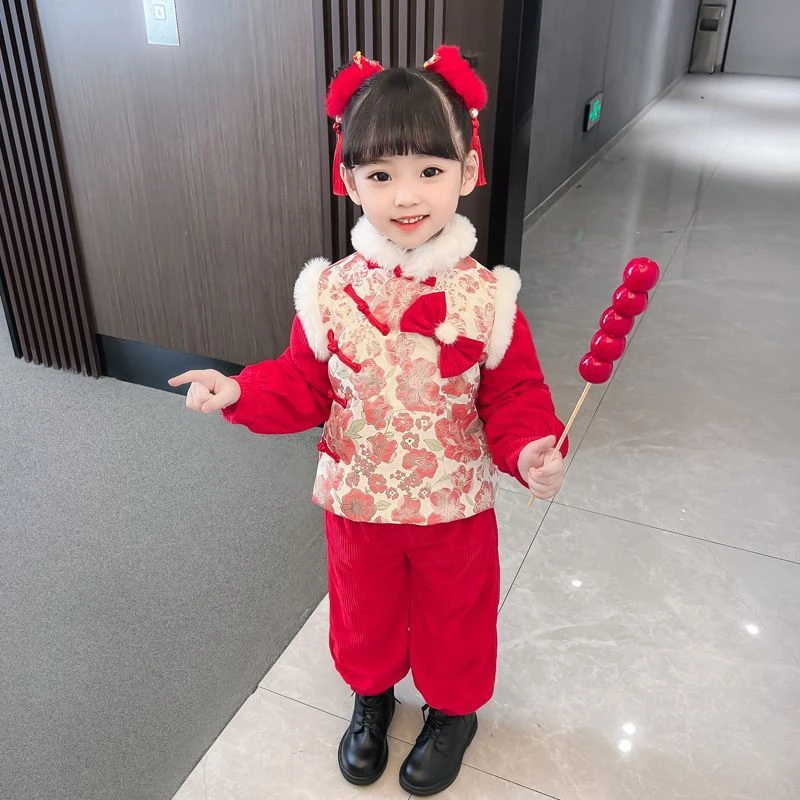 女童冬款加厚汉服套装拜年服网红女宝唐装过年演出服中国风两儿童