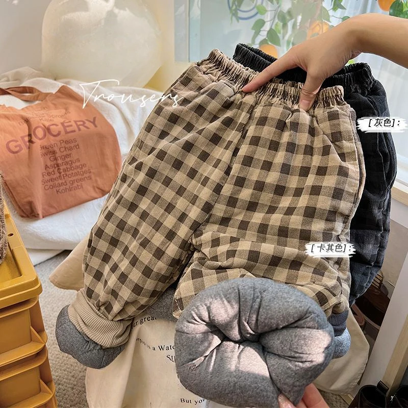 狠厚实!一条过冬韩版男女童裤子阳离子棉裤冬款儿童格子加厚裤子