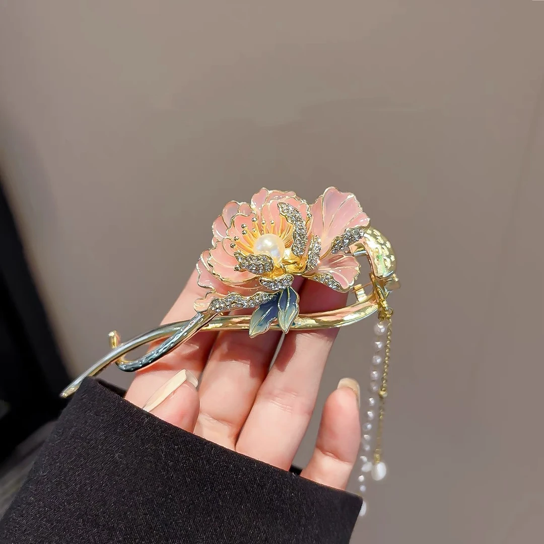 新中式牡丹花发夹气质后脑勺盘发高级感扭扭夹