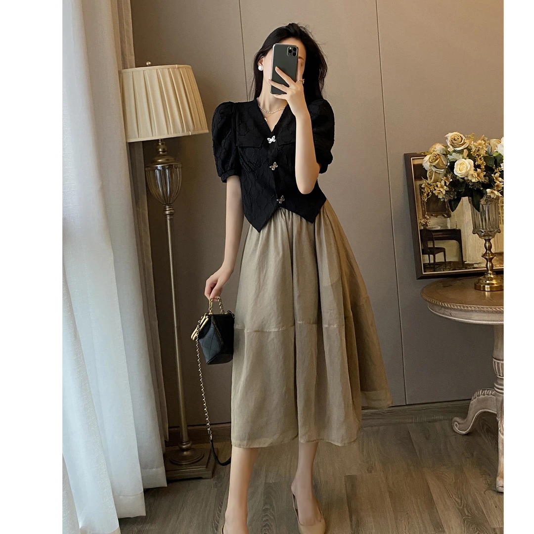 法式复古小香风连衣裙高级感赫本风气质高腰显瘦两件套装女夏2025