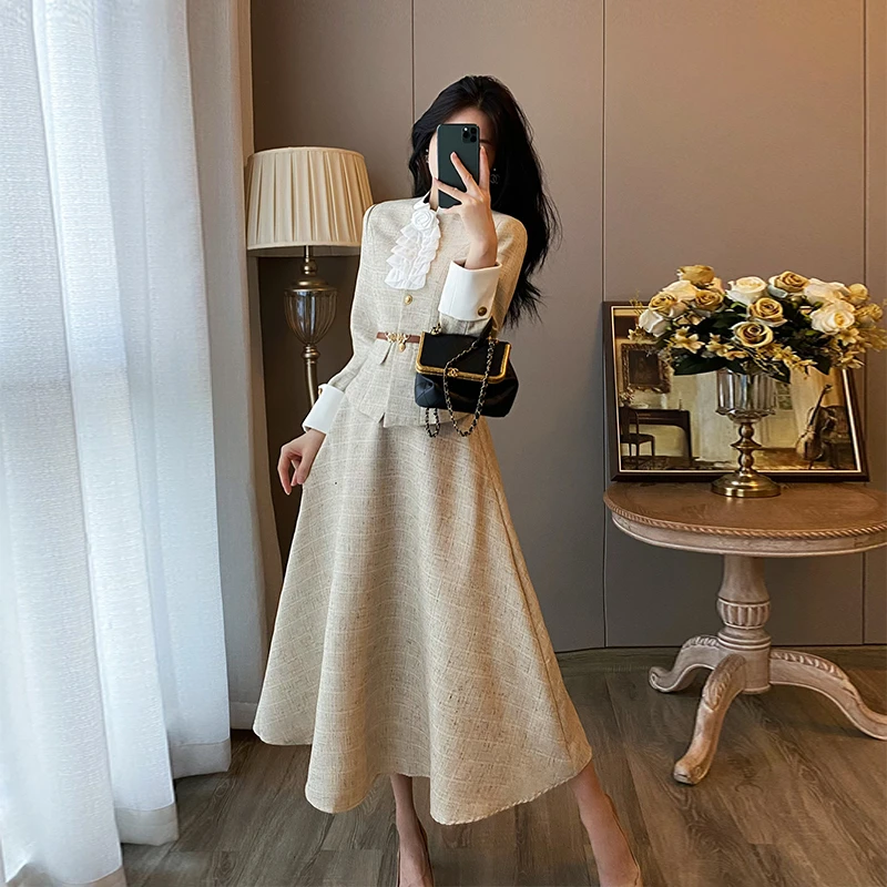 法式小香风两件套装女秋冬新款高级感连衣裙时尚外套高腰半裙套装