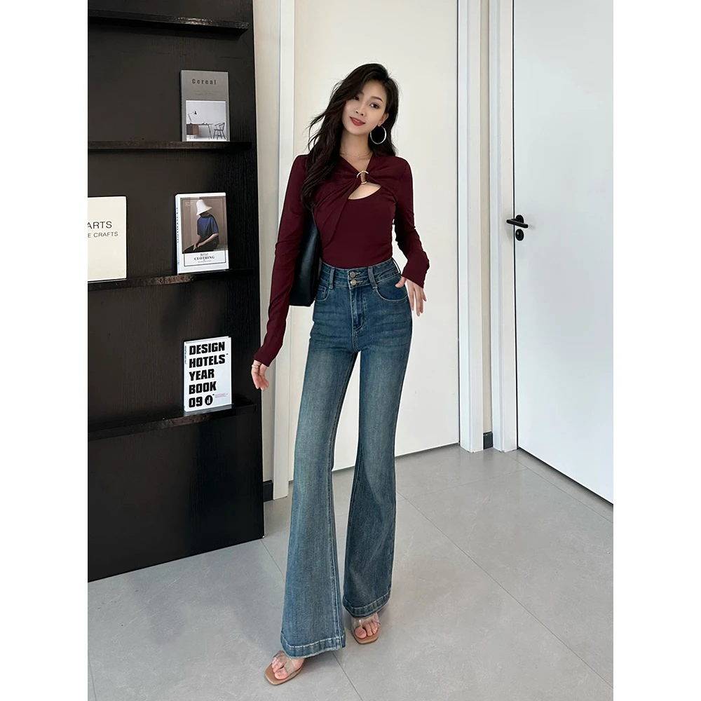 诗诗推荐·秋季新款微喇叭型修身弹力显瘦高腰复古设计感裤子