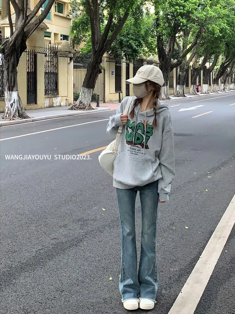 【王家有鱼】2024夏季高腰毛边微喇裤女复古显瘦喇叭裤宽松韩版百搭