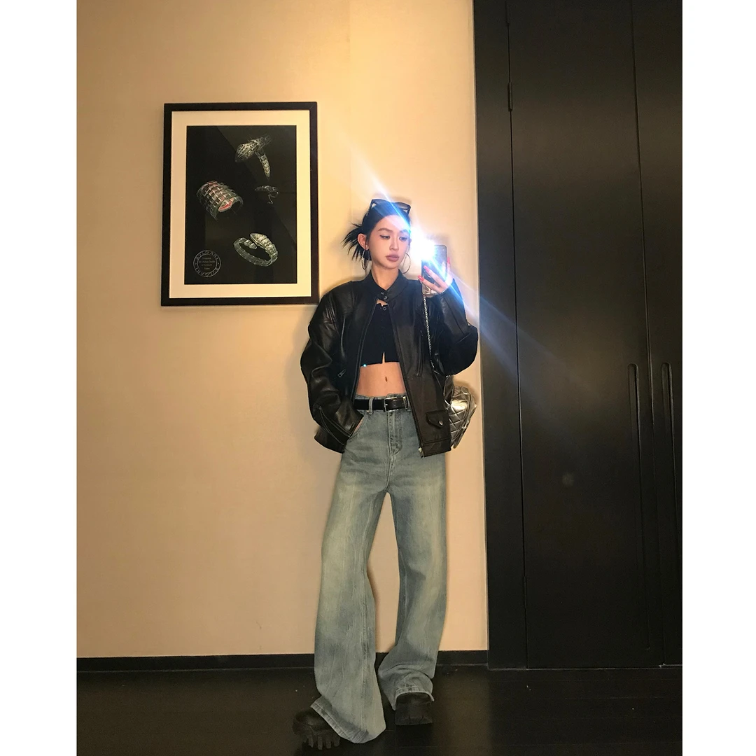 COCOLIMITED“机车女主”进口头层油腊牛皮真皮皮衣黑色夹克外套女