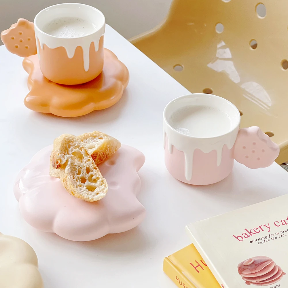 奶油风饼干杯碟套装陶瓷杯马克杯创意ins风牛奶咖啡杯水杯情侣杯