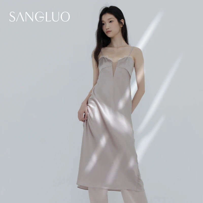 桑罗重磅真丝吊带睡裙长乔其拼接桑蚕丝礼服裙派对睡衣  03463252