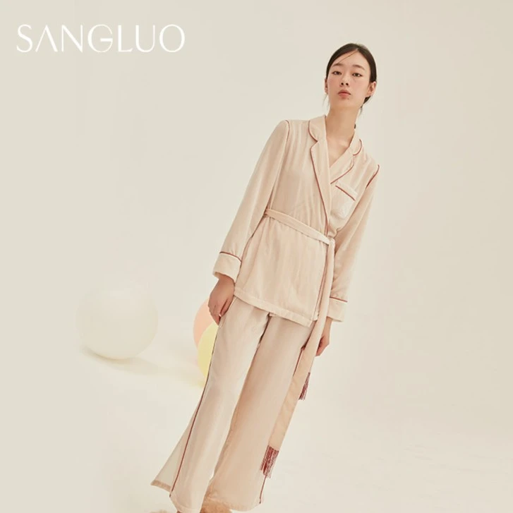 店长推荐』桑罗秋冬季丝绒斜门襟腰带复古家居服睡衣套装03964852