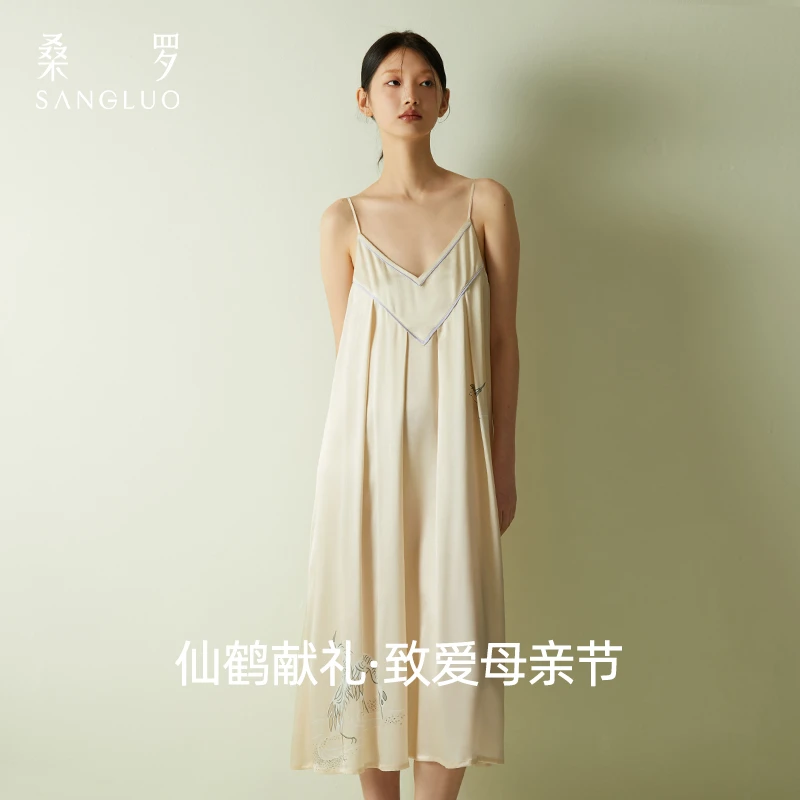 桑罗真丝V领吊带连衣裙仙鹤印花柔滑睡裙可外穿梦圆系列03423291