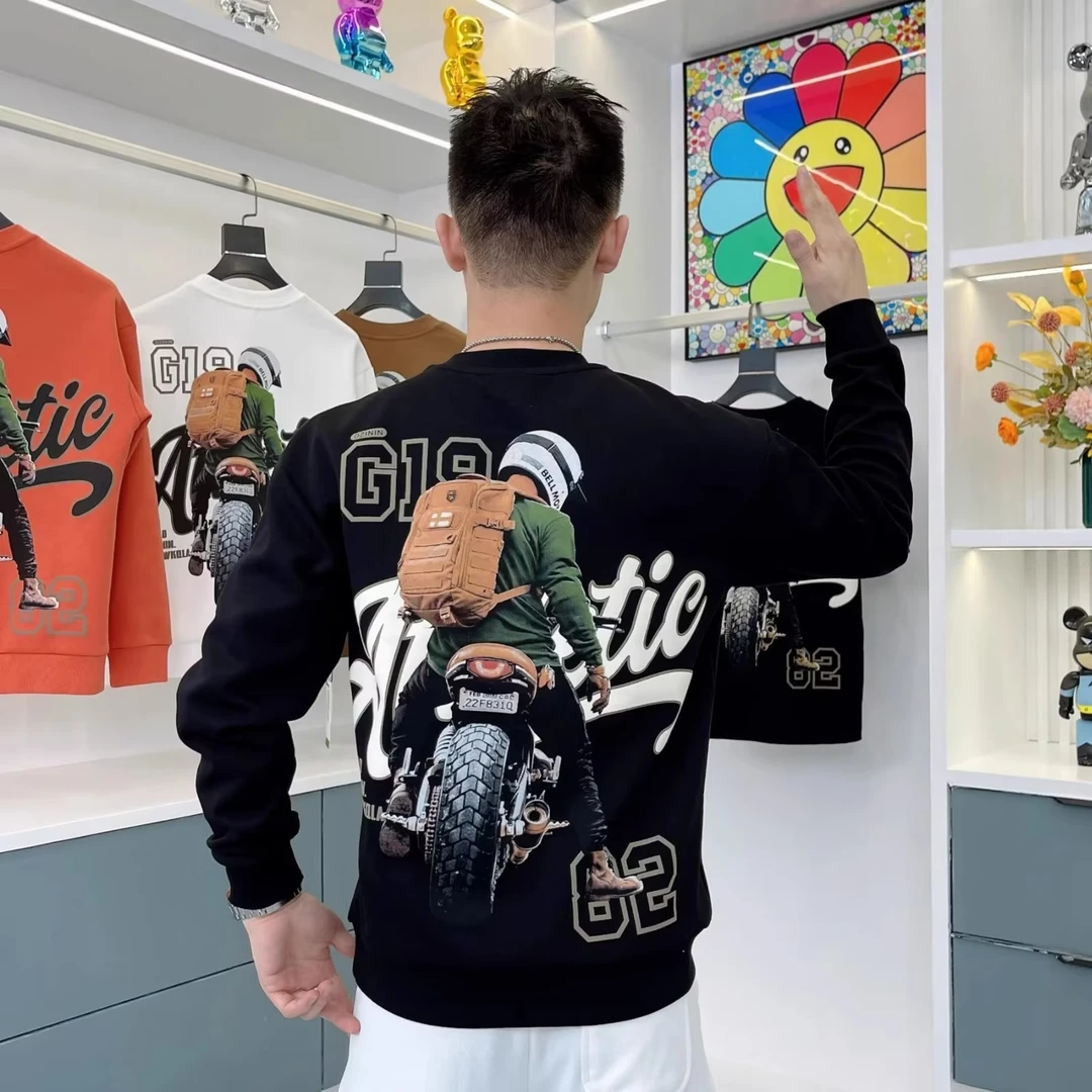 2024新款秋冬季纯棉加绒卫衣男潮流圆领印花套头T恤休闲长袖上衣
