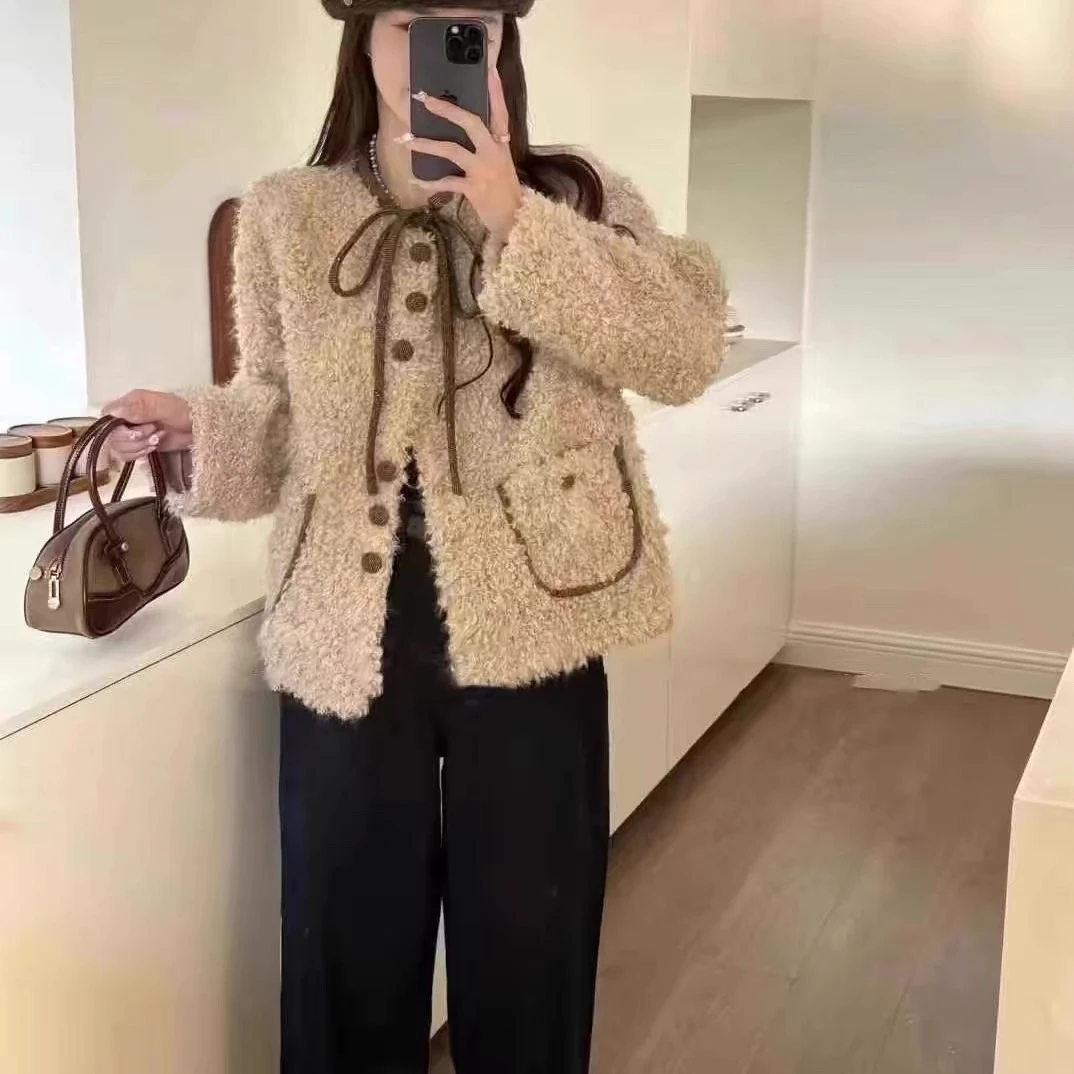 2024新款加厚羊羔毛拼接系蝴蝶结环保外套
