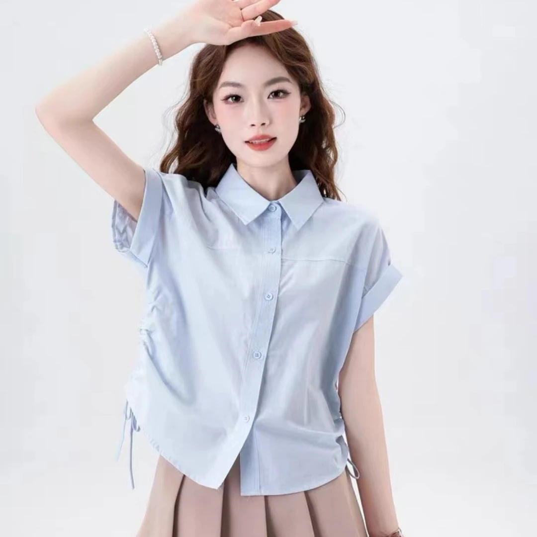 2024新款夏季侧边抽绳系带法式衬衫时尚显瘦气质衬衣
