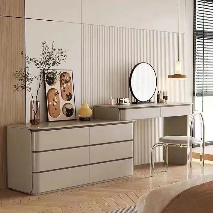 家用实木梳妆台收纳柜斗柜一体卧室床尾化妆桌简约中古奶油风实木