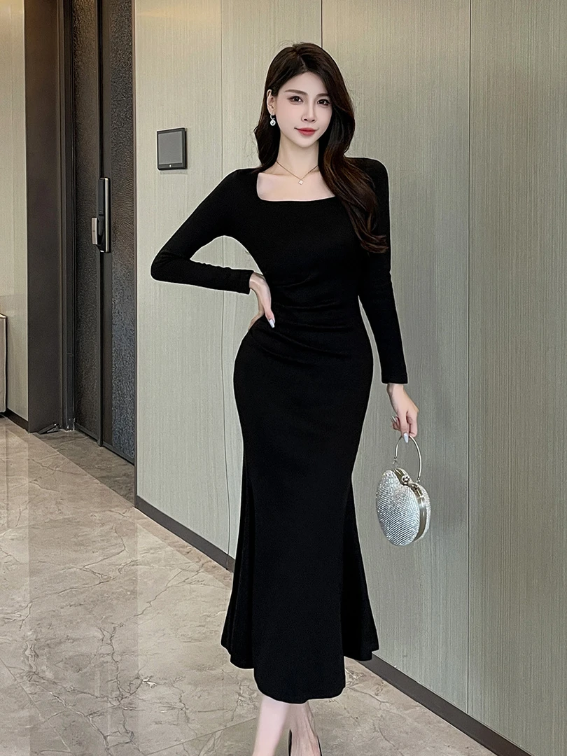 高级感黑色连衣裙女秋季气质名媛鱼尾礼服裙绝美包臀裙27729
