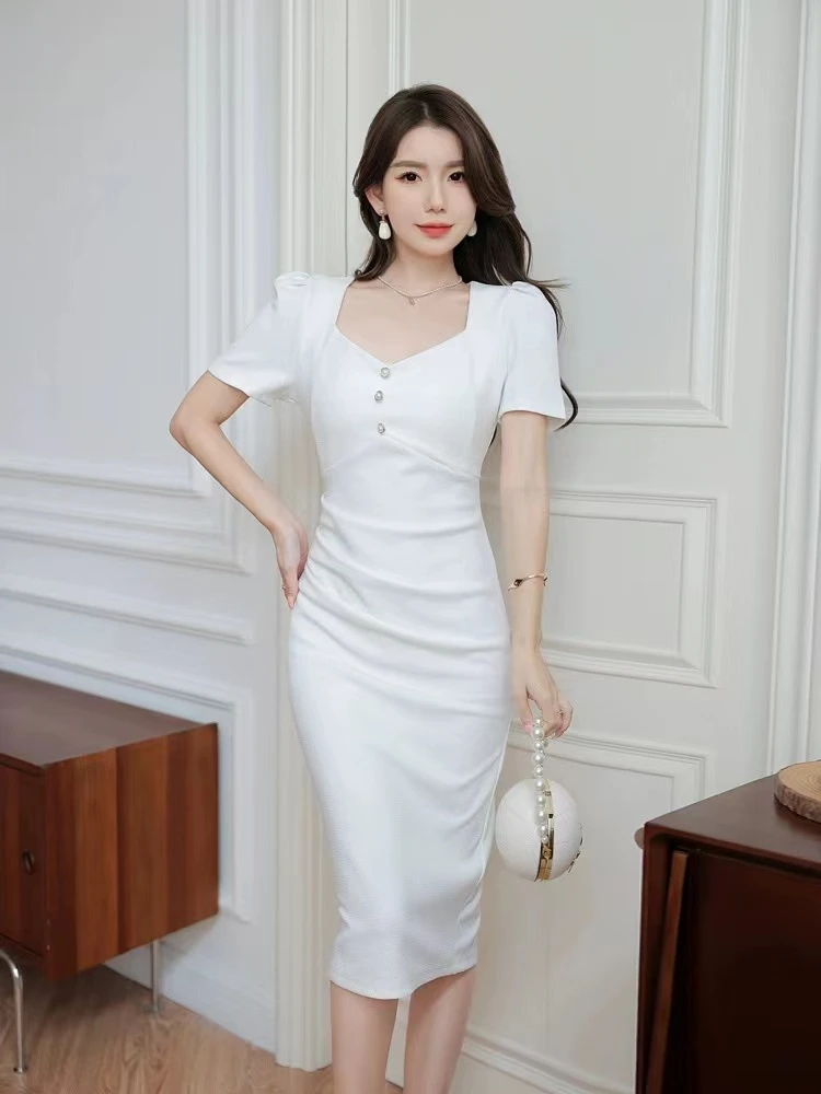 名媛轻奢白色连衣裙女夏季新款高级感气质优雅泡泡袖裙子156112