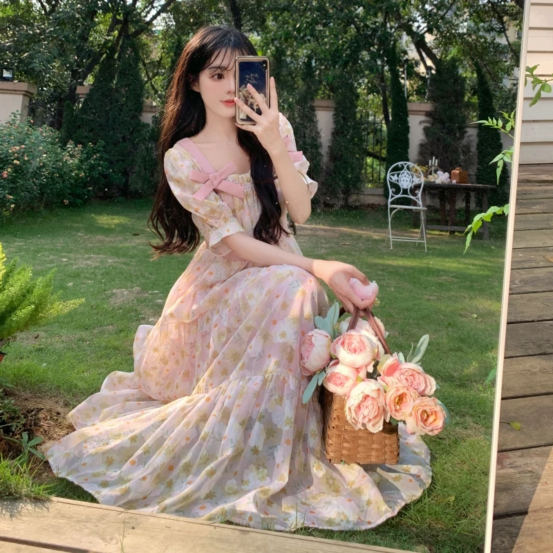 大码森系碎花公主裙夏甜美茶歇风法式收腰连衣裙温柔少女裙797798