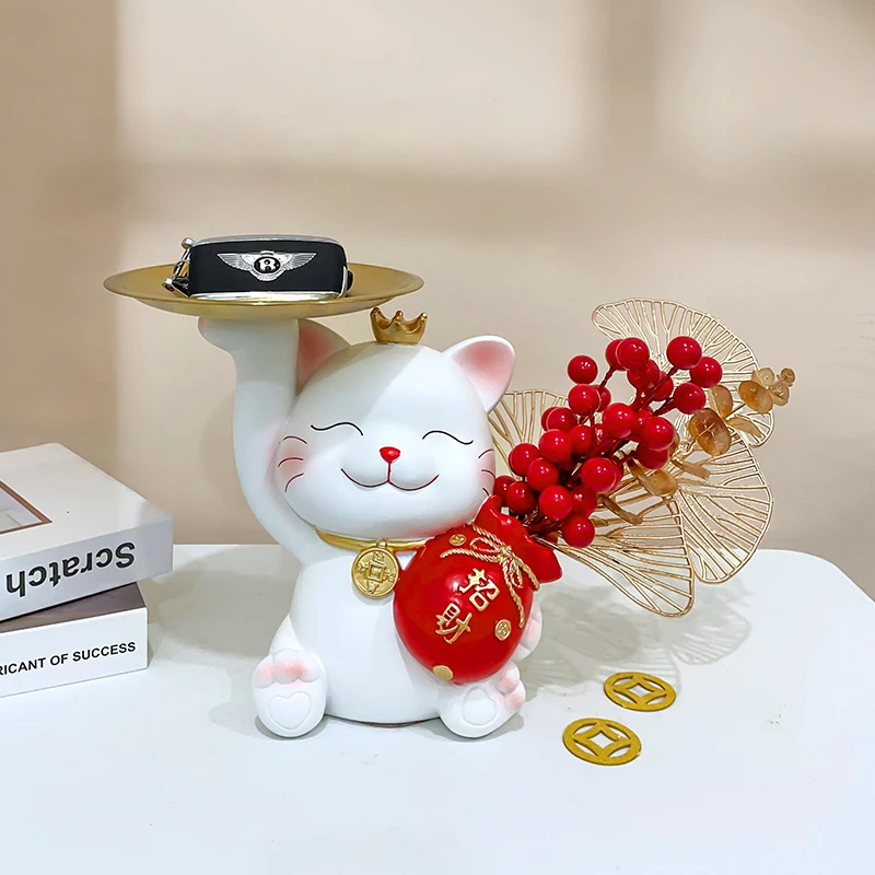 新款招财托盘猫福袋红果红浆果摆件入户玄关钥匙收纳客厅软装