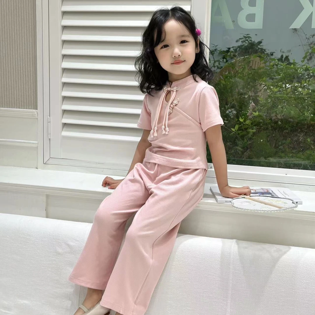 夏季新款女童新中式套装儿童国风盘口套装粉色两件套