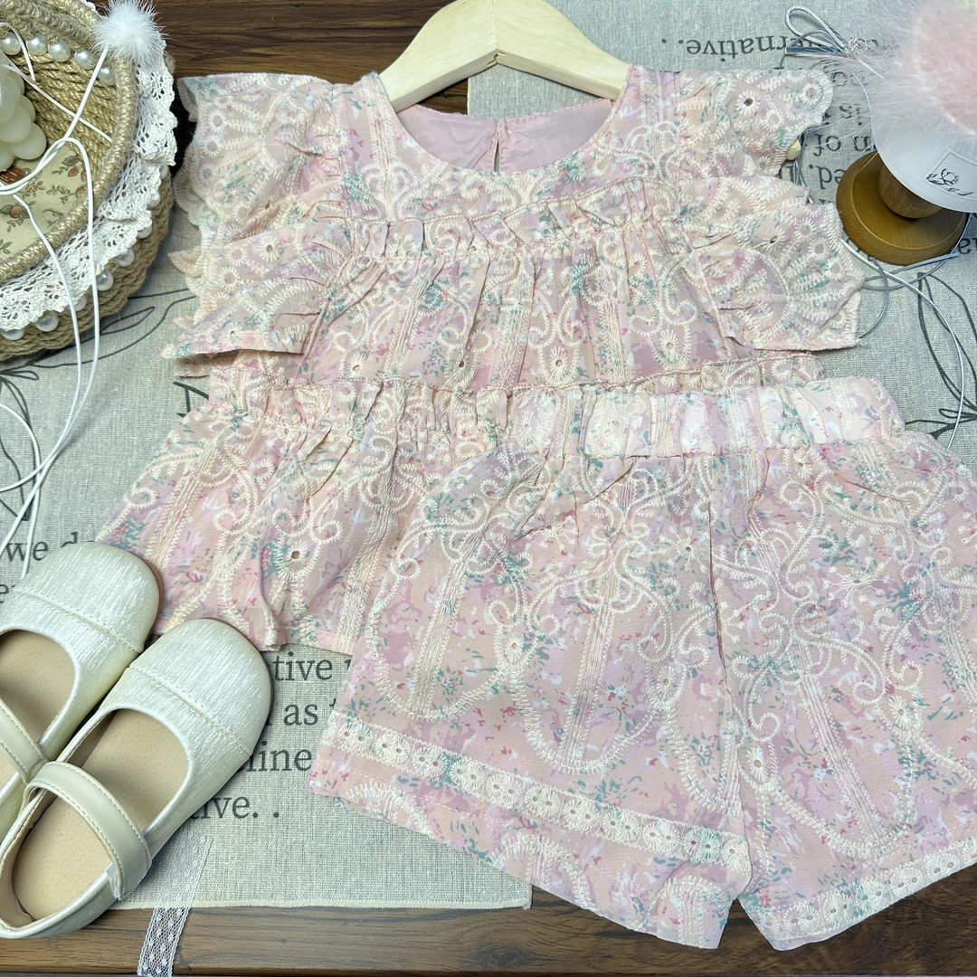 女童小香风蕾丝套装2024新款碎花时尚公主夏季镂空休闲无袖套装