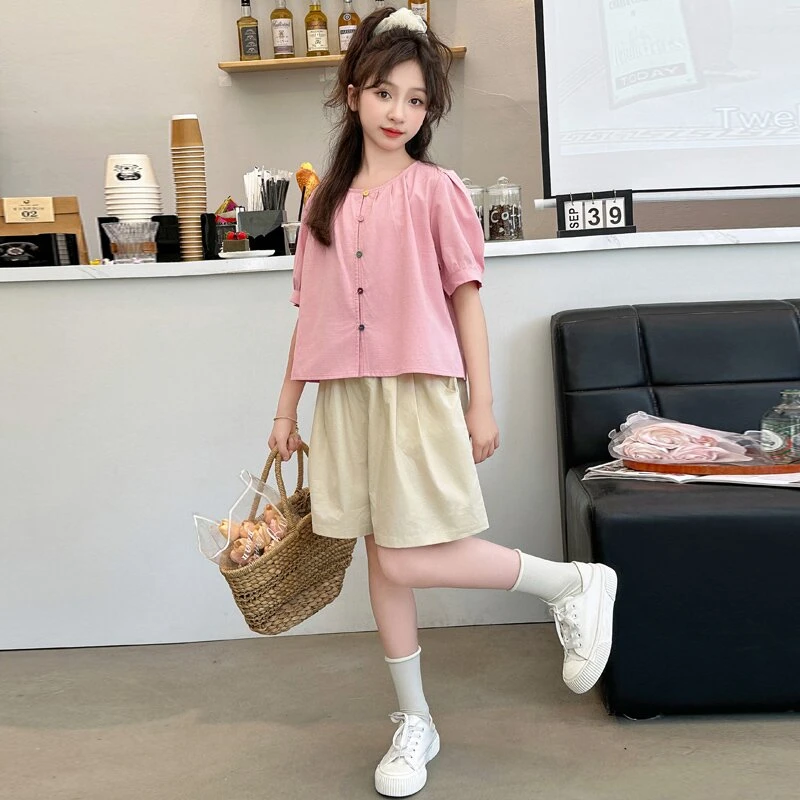 女童24年新款洋气时尚休闲夏季薄款女孩纯色韩版时髦亲子装套装