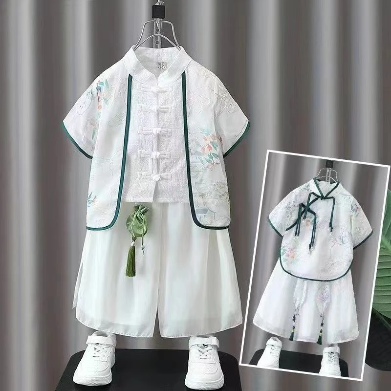 女童夏季汉服薄款中国风短袖改良唐装儿童古装民族风演出服套装