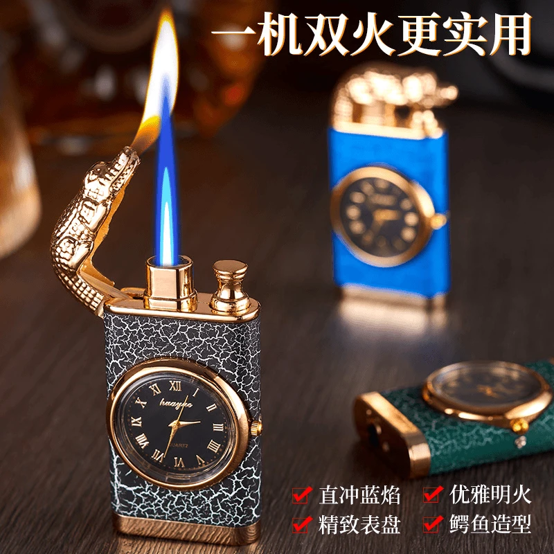 新款鳄鱼打火机防风直冲蓝焰表盘男士精致高档礼品