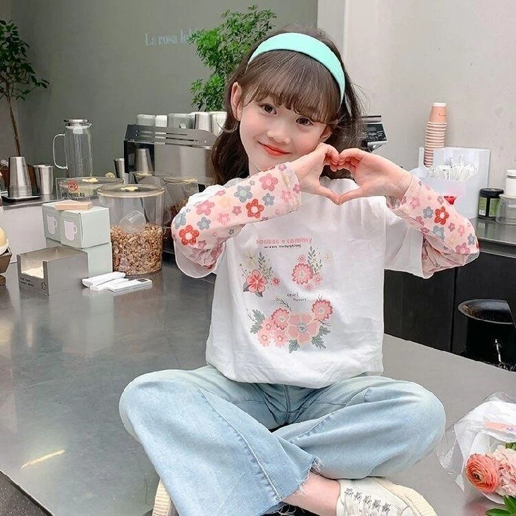 夏季女童新款拼接防晒袖假两件T恤休闲时尚洋气中大童单上衣短袖1