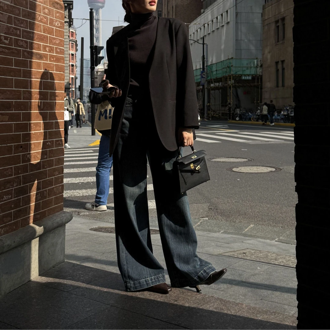 Luo'S【丹宁神裤】牛仔裤秋冬显瘦休闲宽松直筒百搭100棉高腰