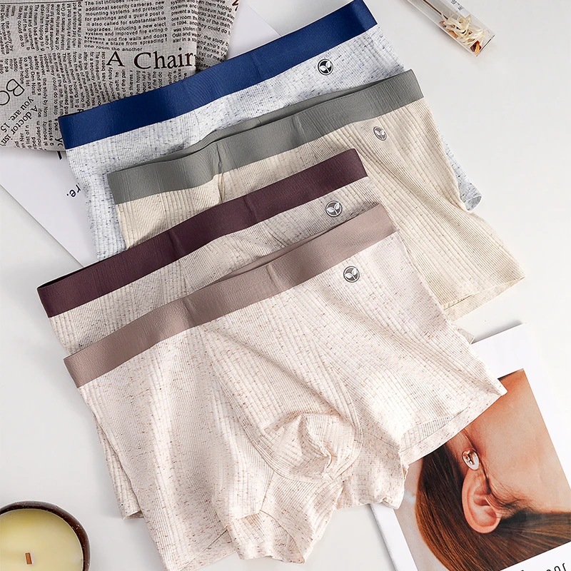 细螺纹撞色男士内裤精梳棉透气舒适平角四角宽松短裤头潮流时尚
