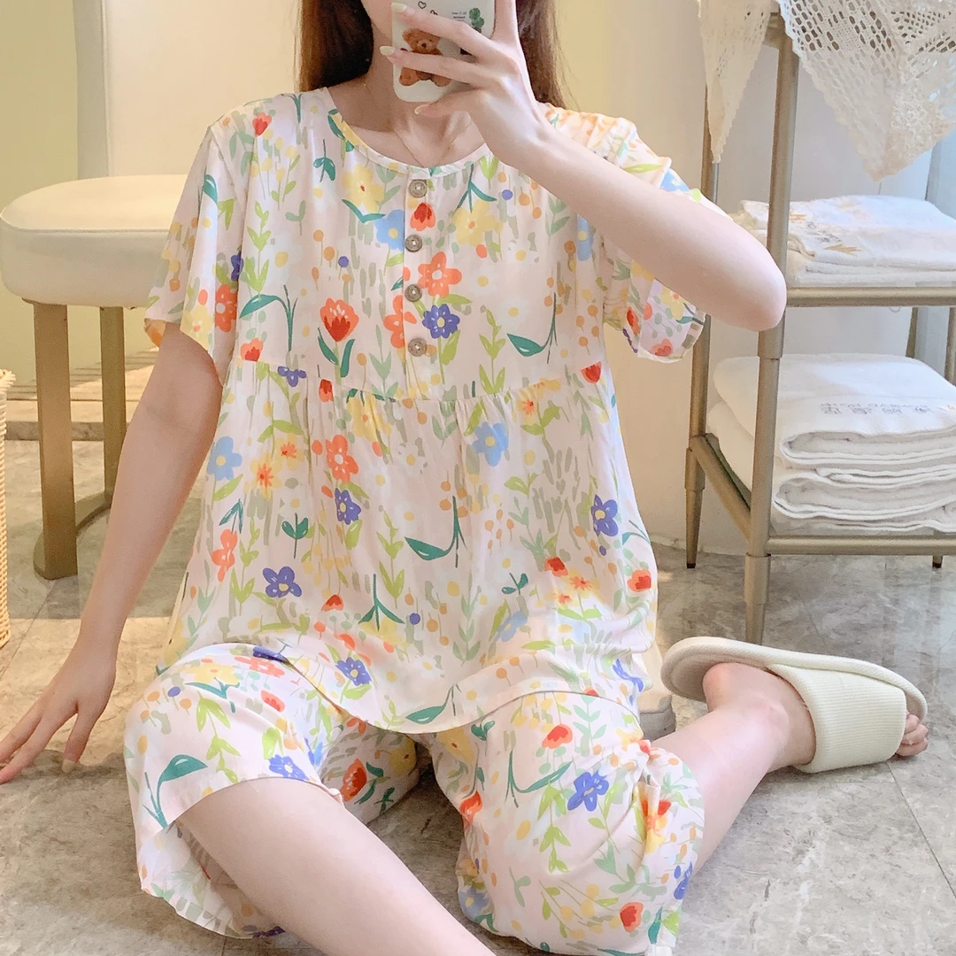 甜美ins绵绸睡衣女夏薄款短袖大码休闲套装大码家居服薄款可外穿