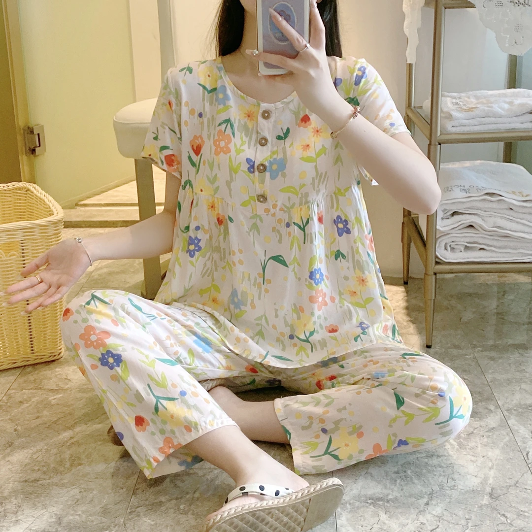 短袖+长裤棉绸睡衣女夏季薄款套装甜美大码宽松大码可外穿家居服