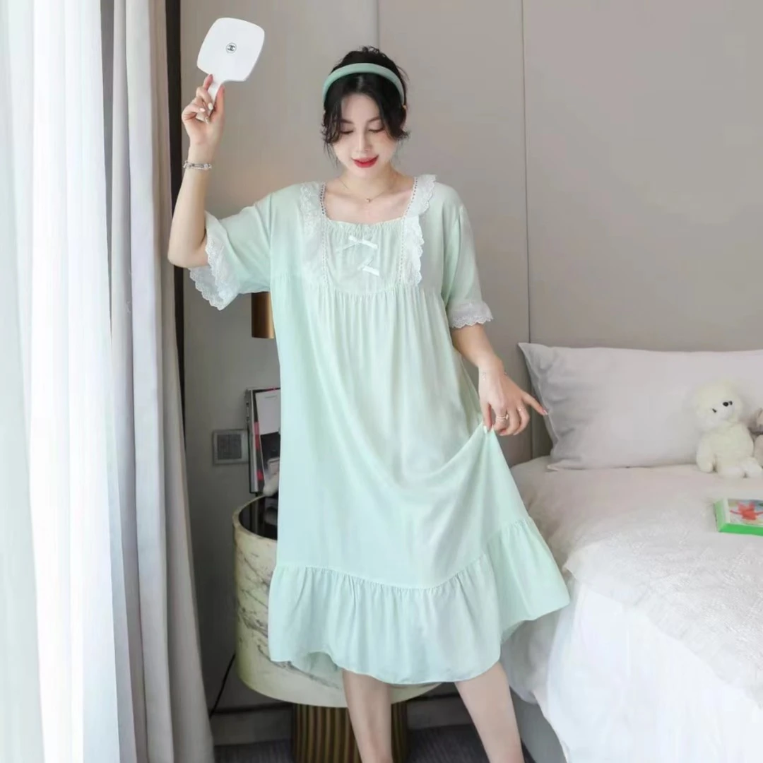 宫廷风绵绸睡裙女夏季纯色家居服薄款大码公主风宽松长款纯色睡衣