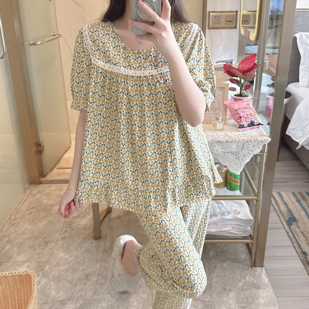 棉绸睡衣女印花大码薄款舒适宽松春夏居家家居服睡衣套装夏季休闲